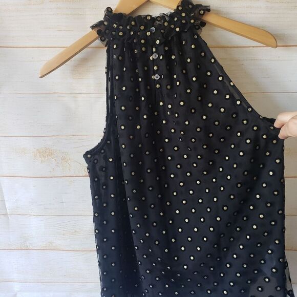 LOFT Metalilic Polka Dot Ruffle High Neck Sleeveless Mesh Shell Blouse Medium - Picture 6 of 10